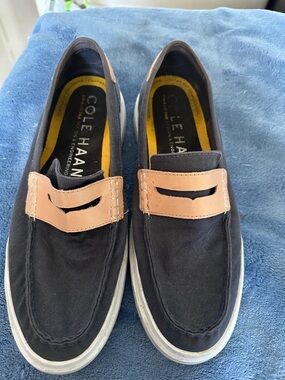 Cole Haan Men’s Blue Canvas Penny Loafers with Tan Accent